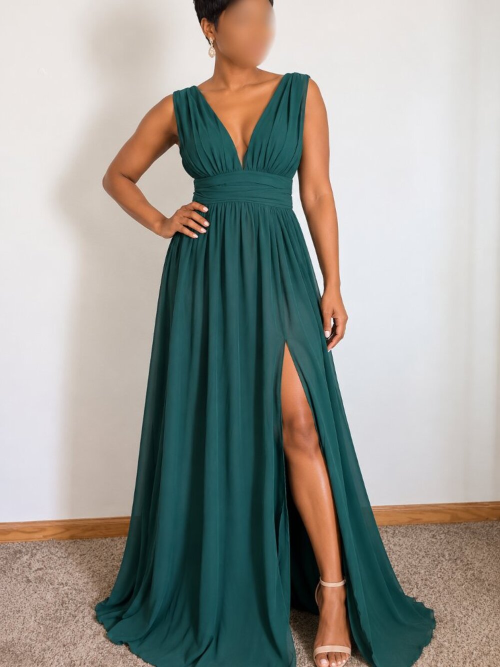 Lulus Heavenly Hues Forest Green Maxi Dress Chiffon V-Neck Gown Slit Size S